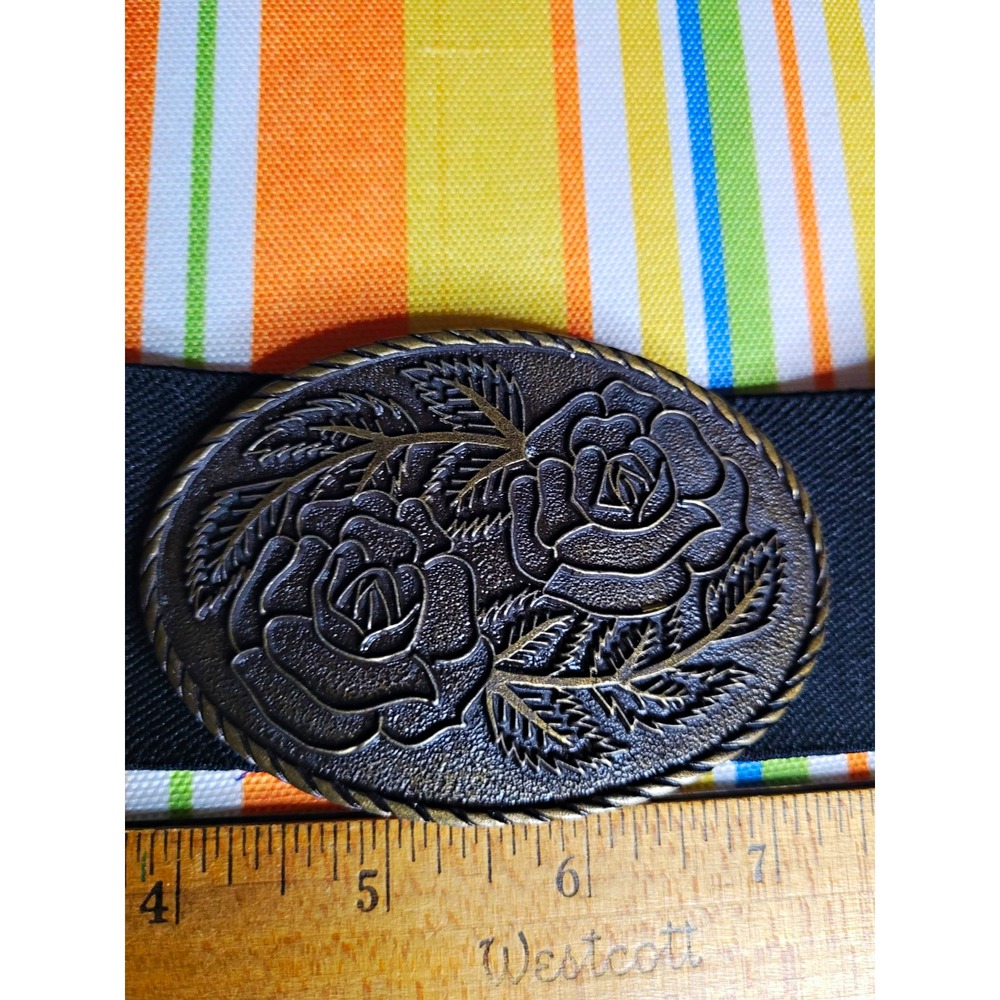 Black Elastic Belt 2 in One Size Adjustable Floral Engraved Metal Buckle